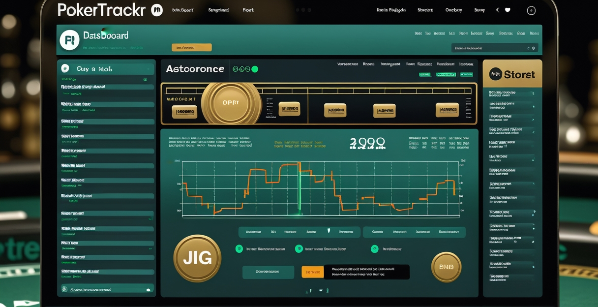 Giao diện PokerTracker 4 dashboard với biểu đồ winrate và HUD stats màu teal gold