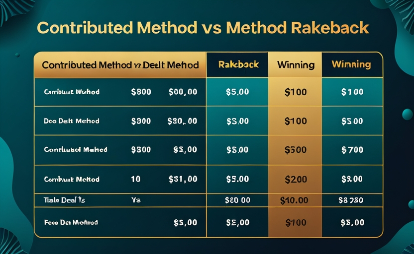 Bảng so sánh contributed method vs dealt method tính rakeback poker với số liệu cụ thể